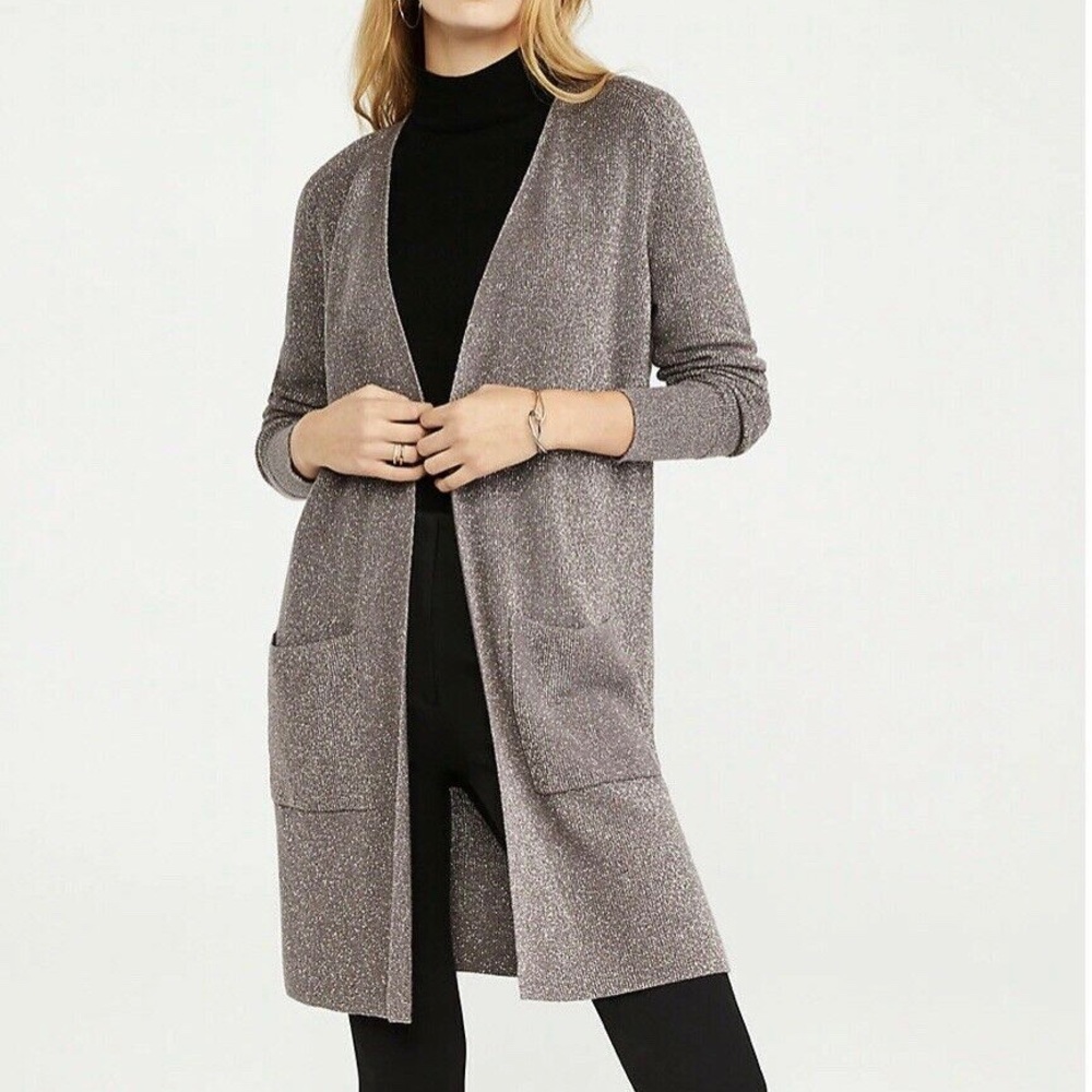 Ann Taylor Womens Shimmer Ribbed Open Cardigan Duster Sweater Taupe size XS